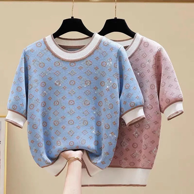 Summer Women Short Sleeve Fashion Knit Glitter Stones Tshirt Femme Vintage Luxury Designer Slim Leisure T-Shirt Tops