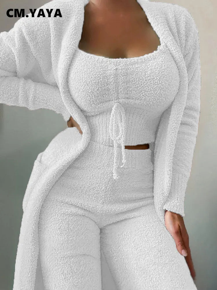 CM.YAYA 3-Piece Women Sets Plush Velvet Pajama Sleepwear Tank Tops + Pants + Cardigan Coat Tracksuit Loungewear Causal Outfits