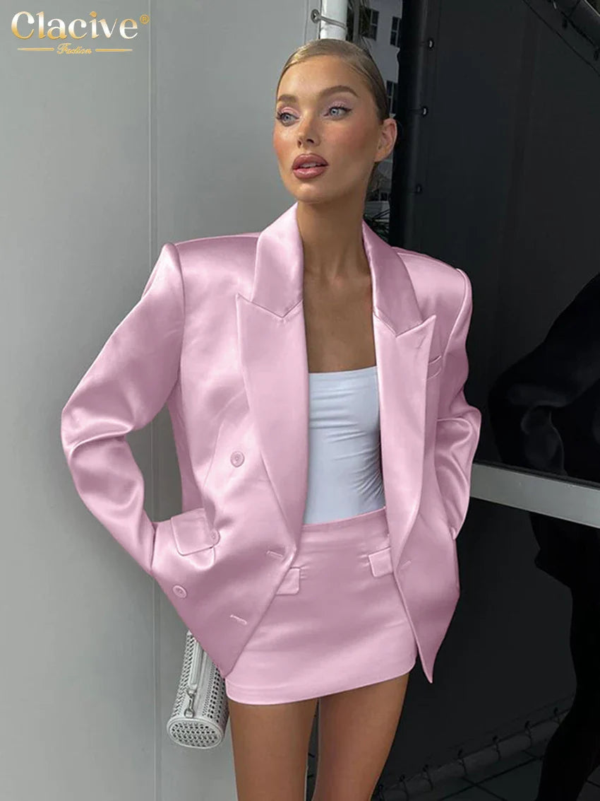 Clacive Fashion Loose Pink Satin 2 Piece Sets Women Outfit Elegant Long Sleeve Blazer With Mid Waist Mini Skirts Set Female Pink
