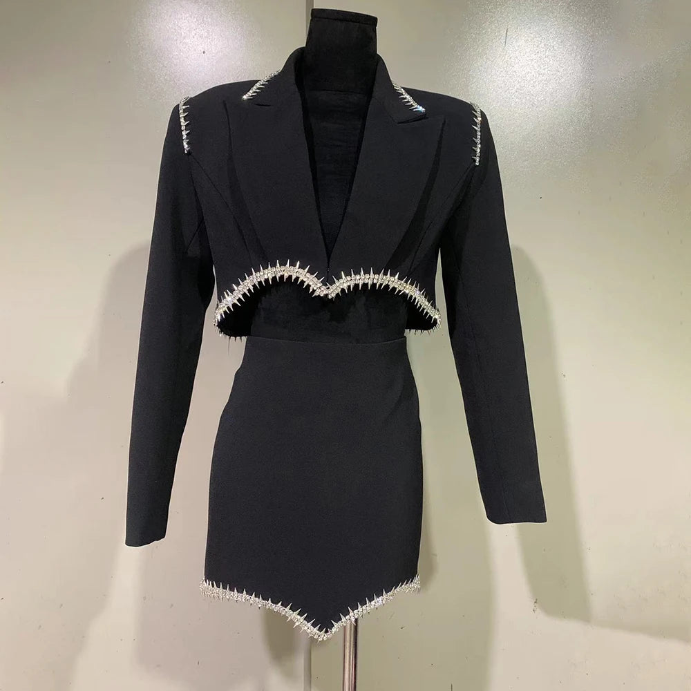 TWOTWINSTYLE Solid Two Piece Set For Women Notched Collar Long Sleeve Spliced Diamond Blazer High Waist Skirt Casual Set Female