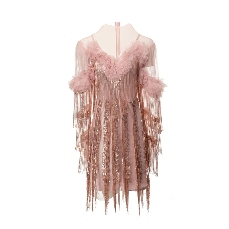 Solid Spliced Tassels Elegant Dresses for Women Round Neck Short Sleeves Patchwork Fungus Folds Dress Female New