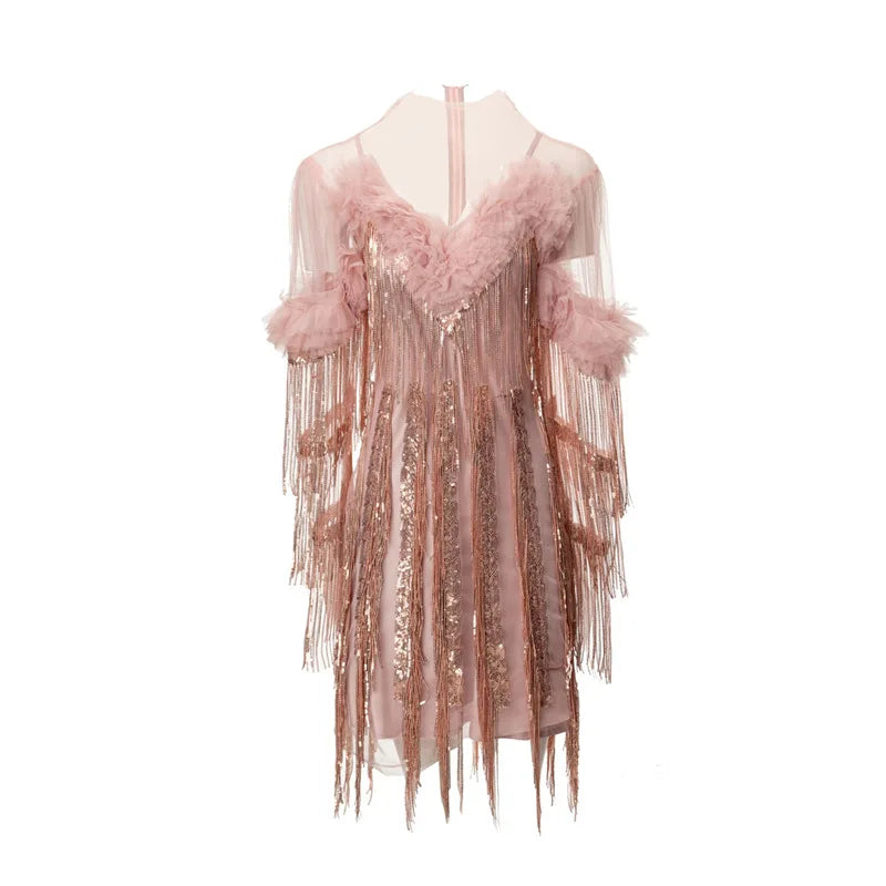 Solid Spliced Tassels Elegant Dresses for Women Round Neck Short Sleeves Patchwork Fungus Folds Dress Female New