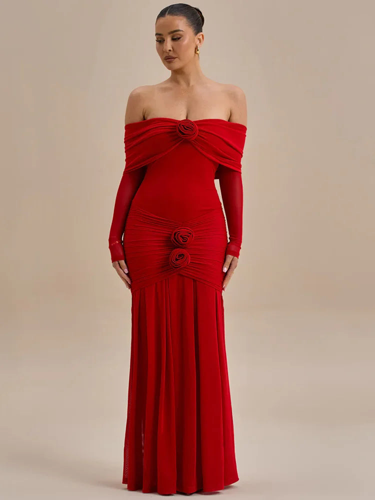 Off-shoulder Strapless Rose Sexy Maxi Dress For Women Fashion Long Sleeve Backless Ruched Bodycon Club Party Dress