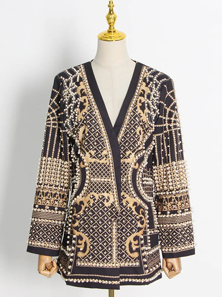 Stylish Designer Jacket Women's V-neck Long Sleeve Luxurious Metallic Beaded Long Blazer