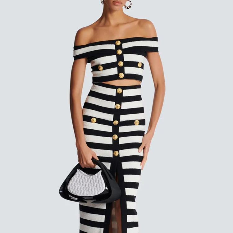 Women Celebrity Sexy Off Shoulder Striped Button Black White Bandage Skirt Set 2024 Knitted Elegant Evening Club Party Clothing