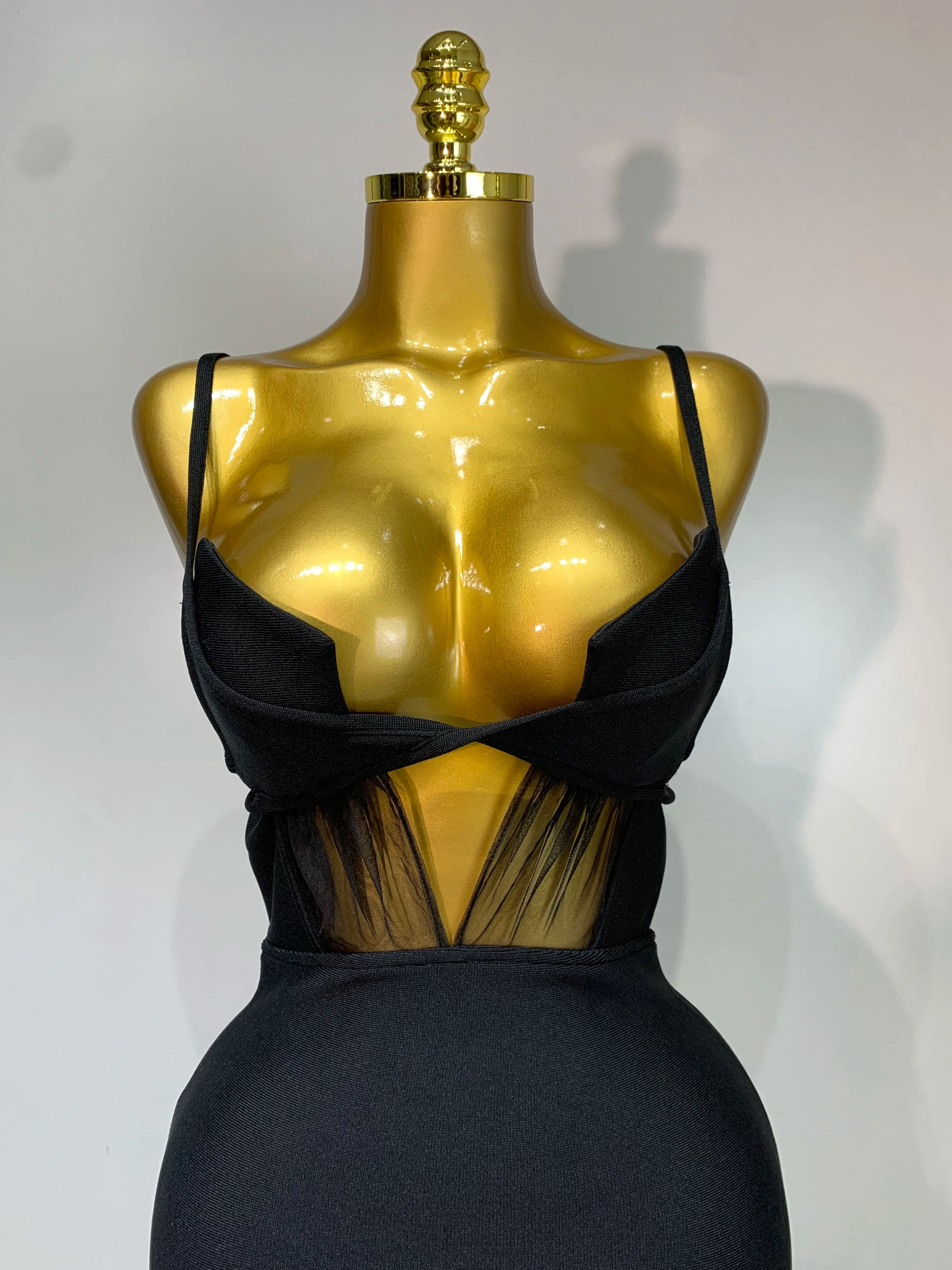 Fashion Black Spaghetti Strap Maxi Long Bandage Dress Mesh Cut Out Elegant Celebirty Bodycon Evening Club Party Birthday Dresses