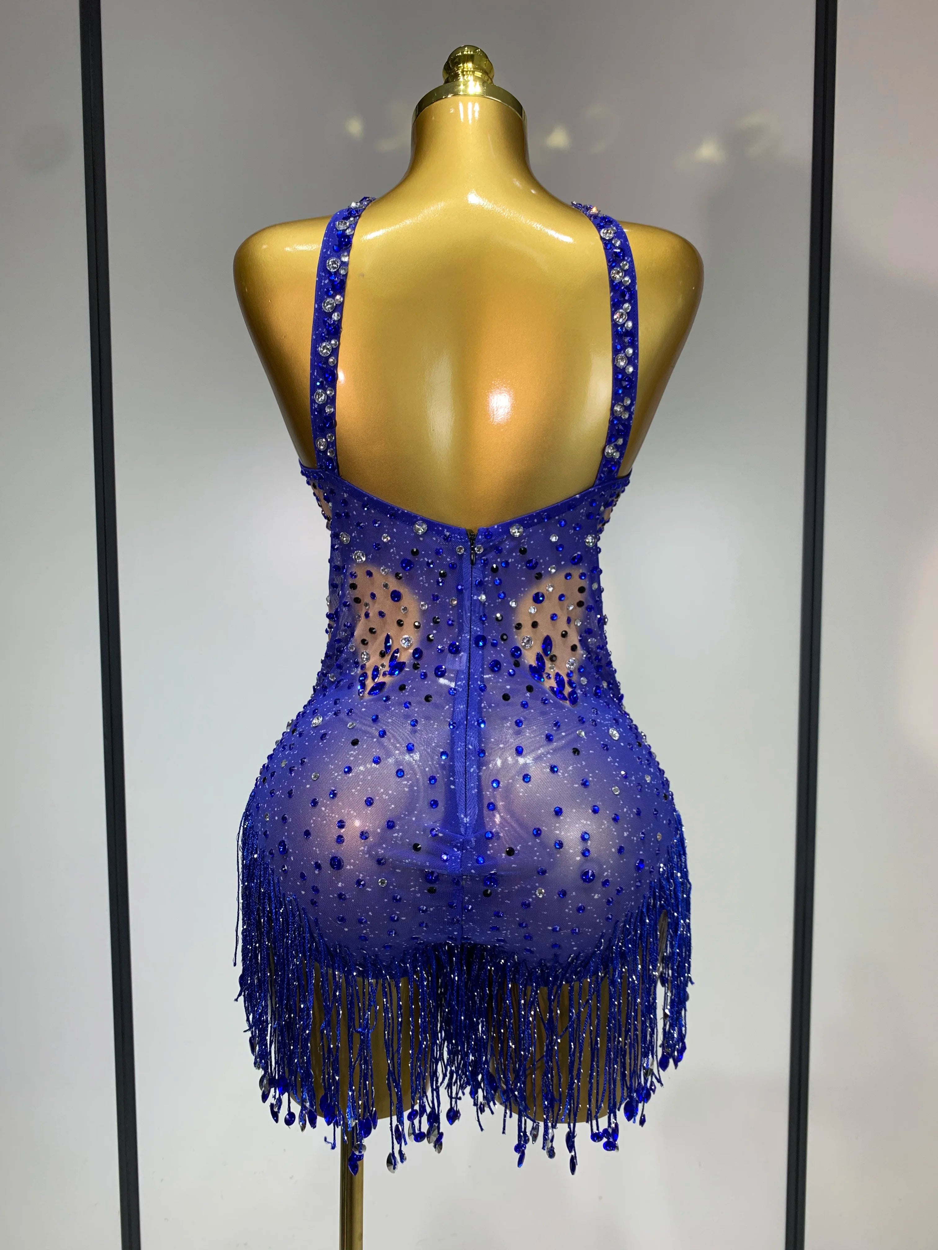 Women Sexy Backless blue Rhinestone Tassel Bodysuit Evening Party Club Singer Stage Performance Costume Luxury Birthday Dress