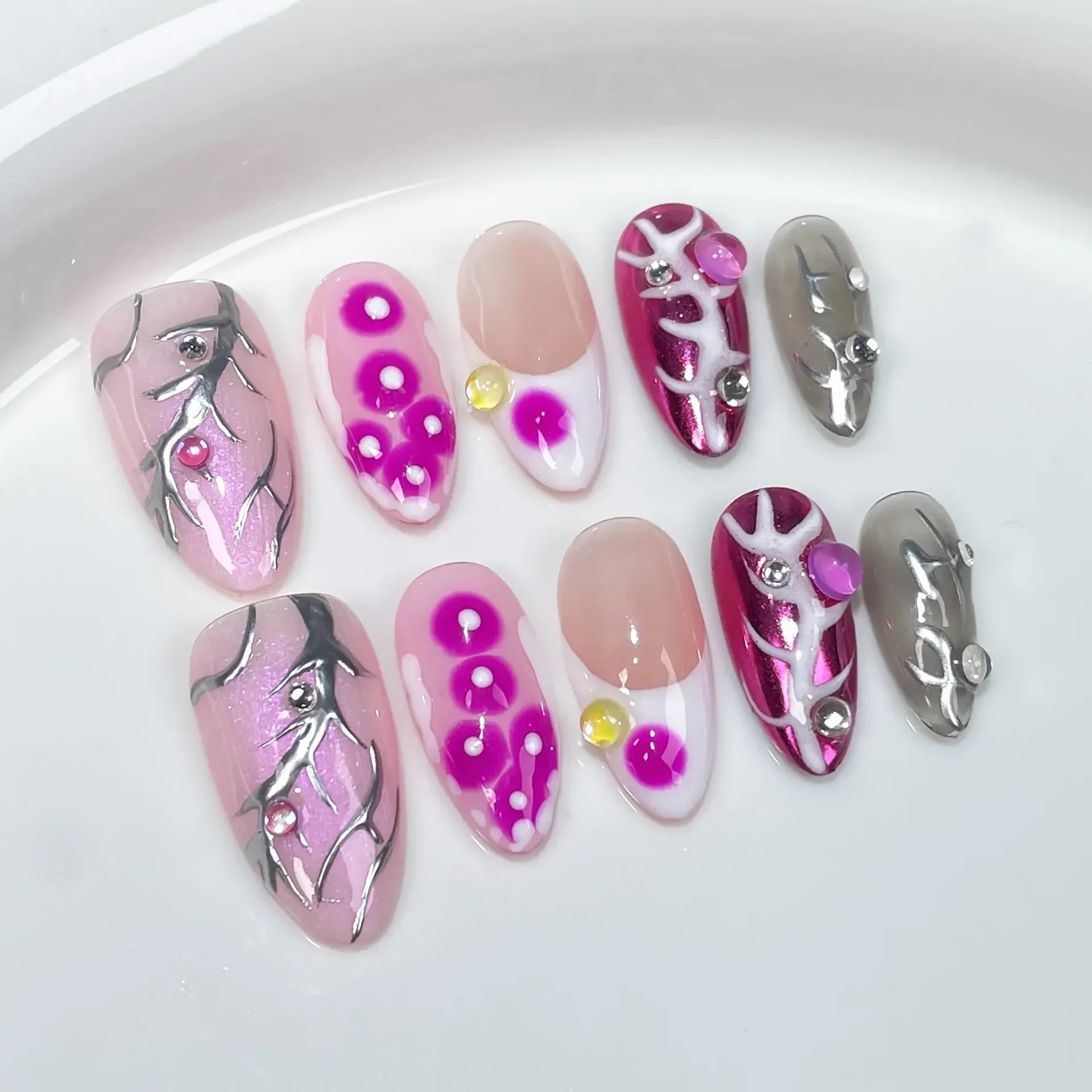 10Pcs Metallic Almond Handmade Fake Nails with Glue Sweet Cool Gel Nail Press on Dark Color Full Cover False Manicure Nail Tips