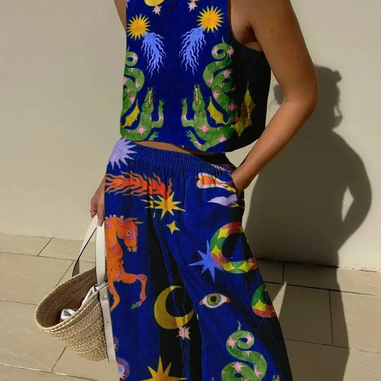 Casual Printed Pant Suits For Women Vintage Crew Neck Sleeveless Vest High Waist Loose Trouser Sets Female Beach Holiday Outfits