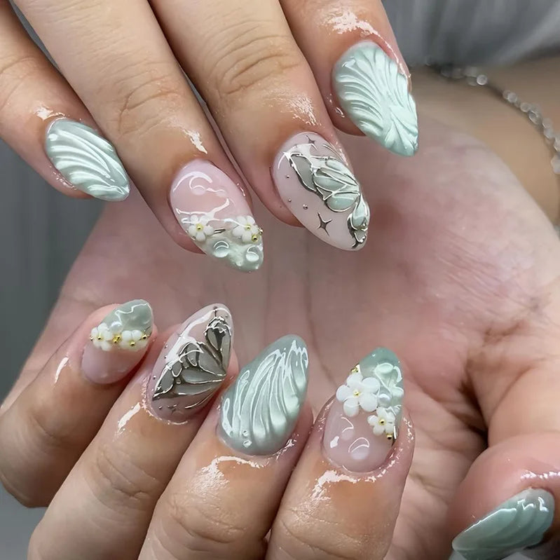 24pcs Butterfly Press on Nail Tips Wearable Flower Green Short Almond Fake Nails Sets Starlight Wave Design French False Nail