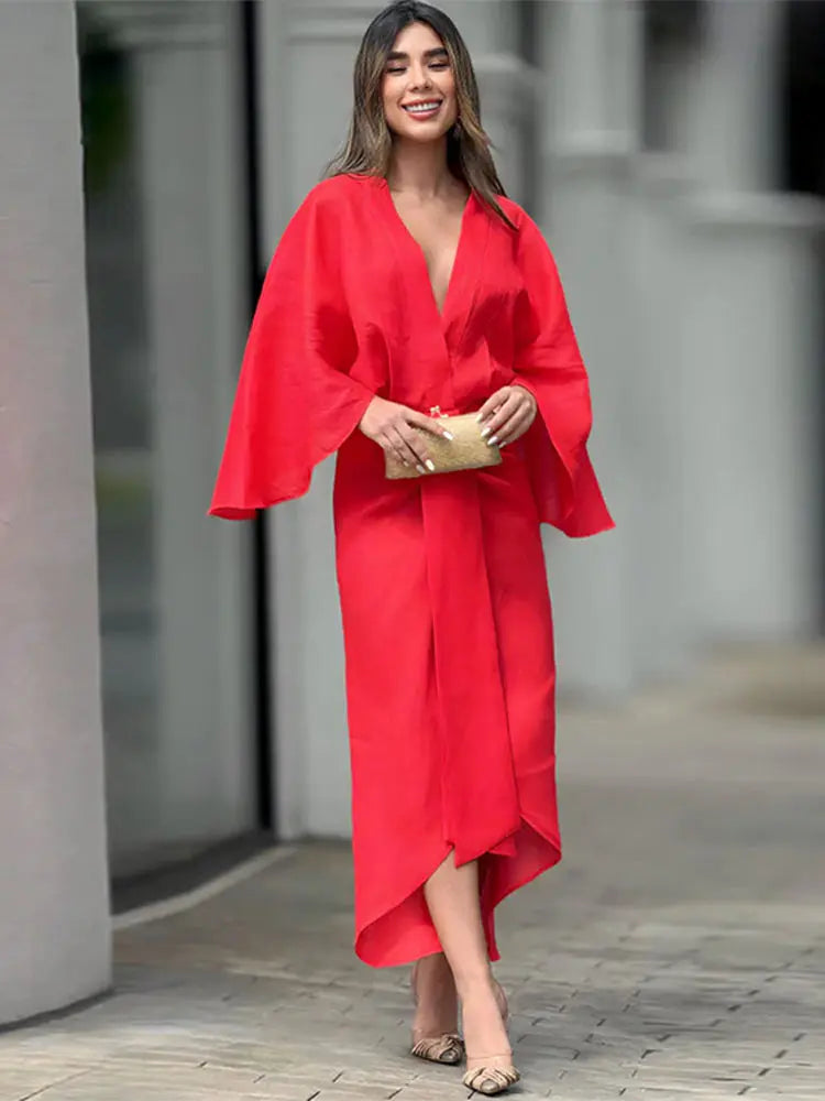 Women Chic Solid Long Flare Sleeves Pleated Midi Dress Casual Loose V-neck Irregular Hem Vestidos Spring Lady Elegant Robes Red