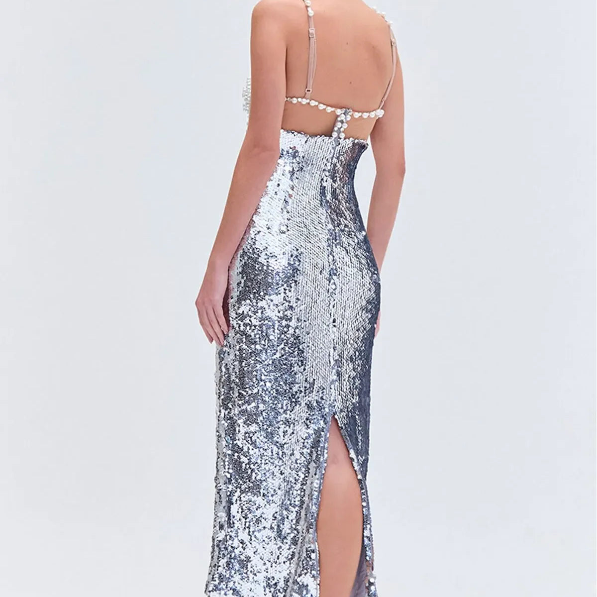 Fashionable Haute Couture  Woman Evening Dress  Pearl Sliver Sequins Spaghetti Strap Long Dress  Celebrity Birthday Party Outfit