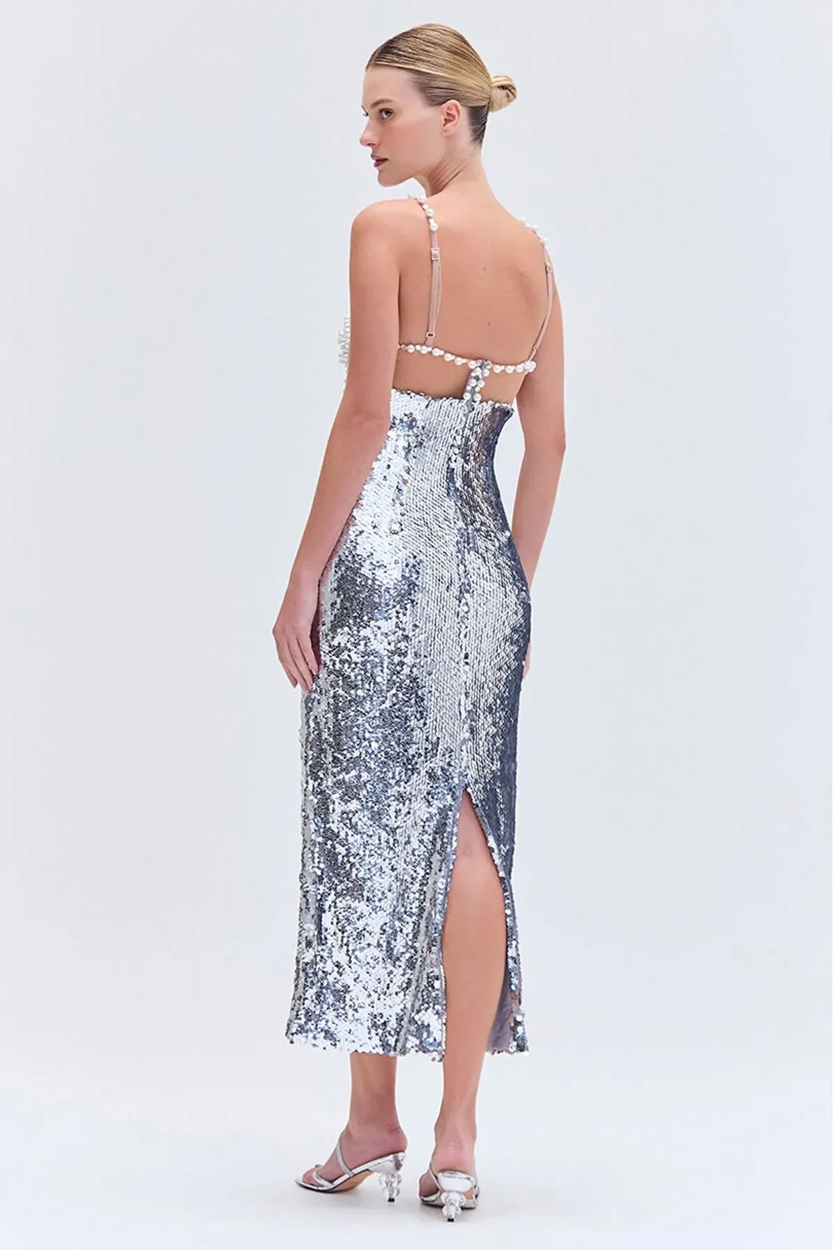 Fashionable Haute Couture  Woman Evening Dress  Pearl Sliver Sequins Spaghetti Strap Long Dress  Celebrity Birthday Party Outfit