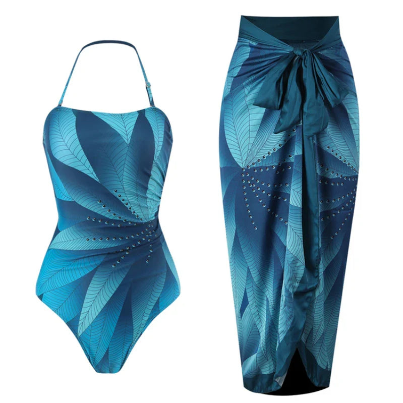 Elegant Blue Leaf Printed One Piece Swimsuit Woman Fashion High Waisted Hanging Neck Swimwear French Covered Belly Bikini