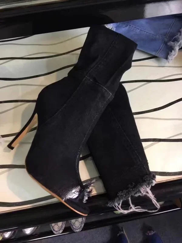 Fashion Women High Heels Spring Autumn Peep Toe Over The Knee Boots Tight High Stiletto Jeans Boots Cowboy Women Boots Black