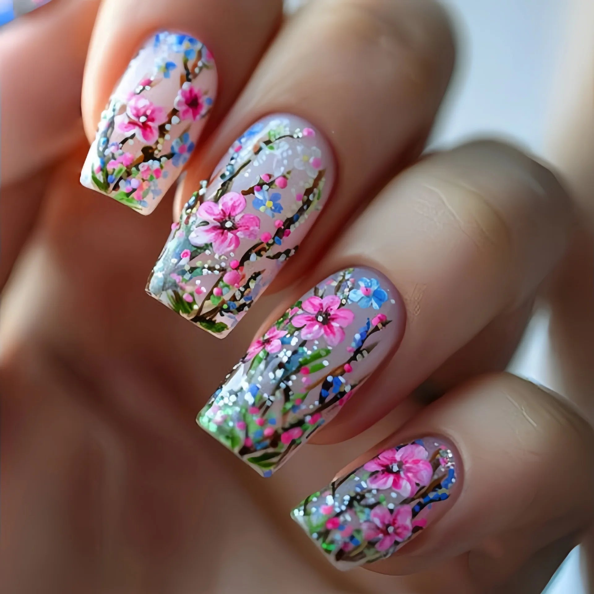 24Pcs Mid-length Ballet Fake Nails Pink Gradient with Spring Flower Sea Design Wearable Press on Nails Acrylic Nail Tip Manicure