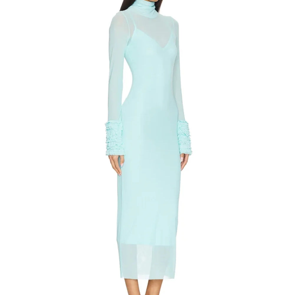 Sexy Turtleneck Ruffle-Cuff Mesh Tight Long Dress Women Long Sleeves Ruffles Bodycon Midi Dresses Evening Party Cocktail Club