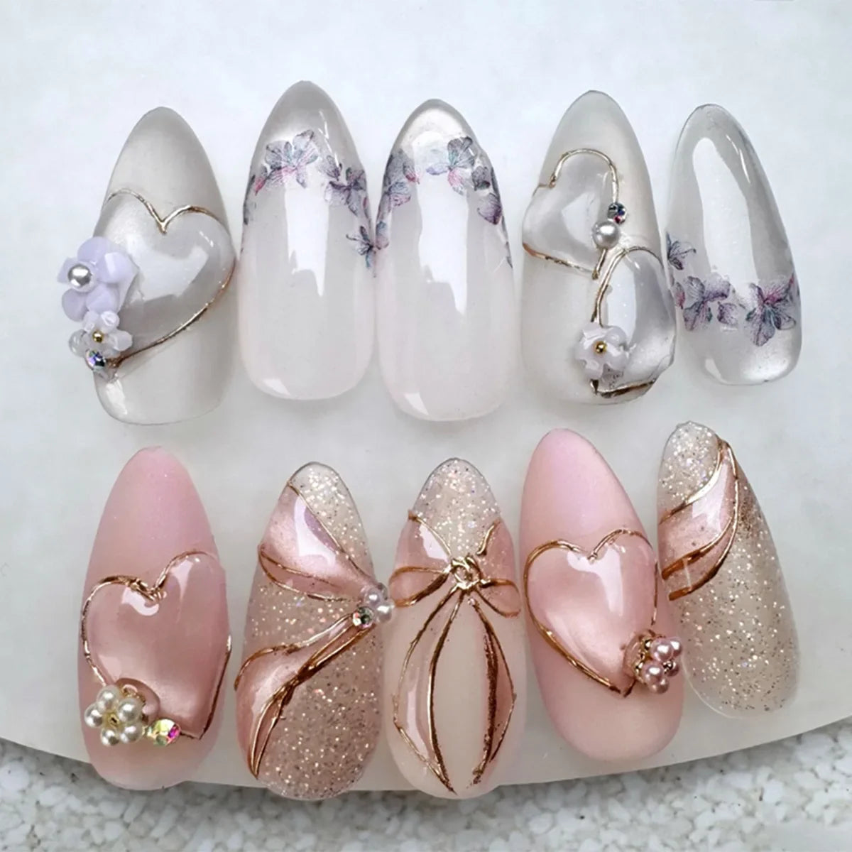 24Pcs Pink Gradient Almond Fake Nails Press on With Pearl Rhinestone Design False Nails Bow Flower Pattern Full Cover Nails Tips