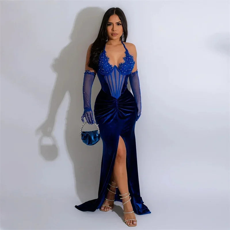 Halter Lace Up Women Lace Rhinestone Fish Bone Mesh Slim Elegant Long Velvet Party Dress Front Split Sexy Maxi Dress with Gloves Blue