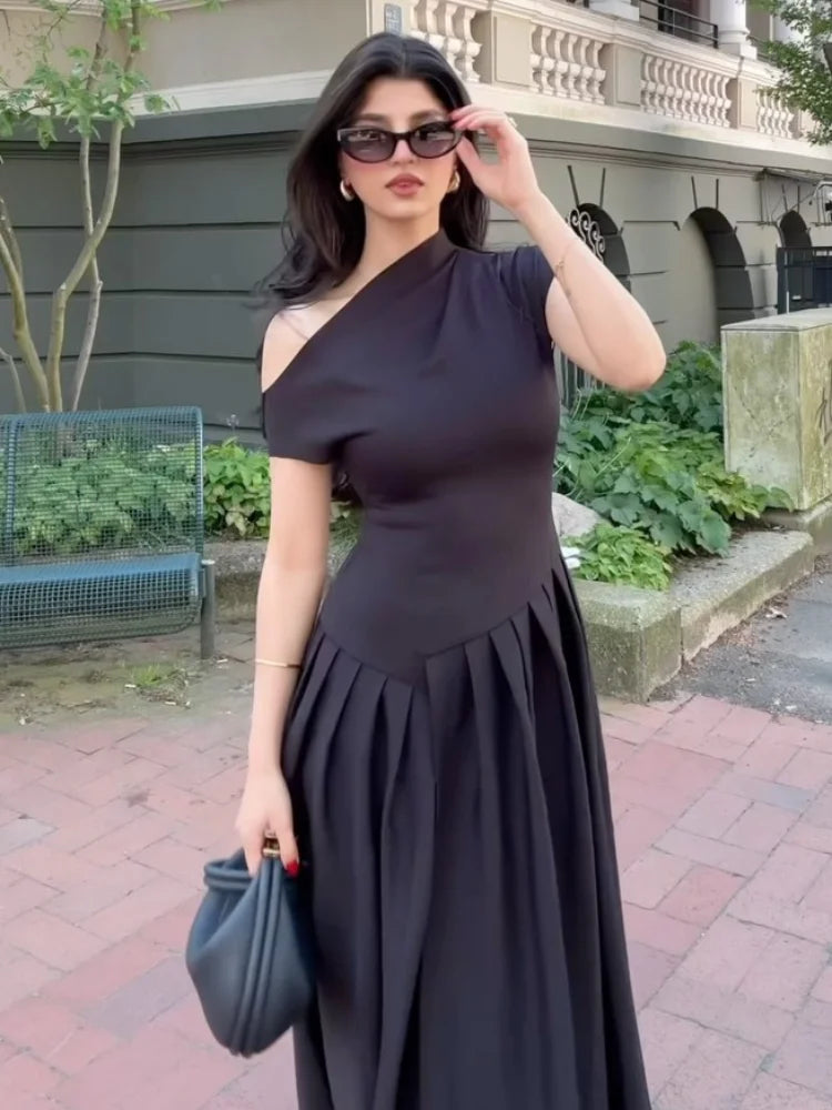 Chic Off Shoulder Irregular Neck Women's Dress Elegant High Waist A-line Hem Pleated Midi Dresses New Summer Lady Commuting Robe