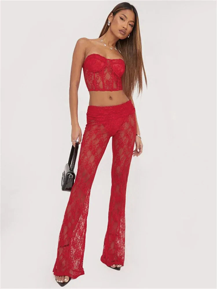 Habbris Spring Strapless Bodycon Crop Top Pants Sets Party Club Outfit For Women 2023 Sexy Red Lace Sheer 2 Two Piece Pants Sets Red