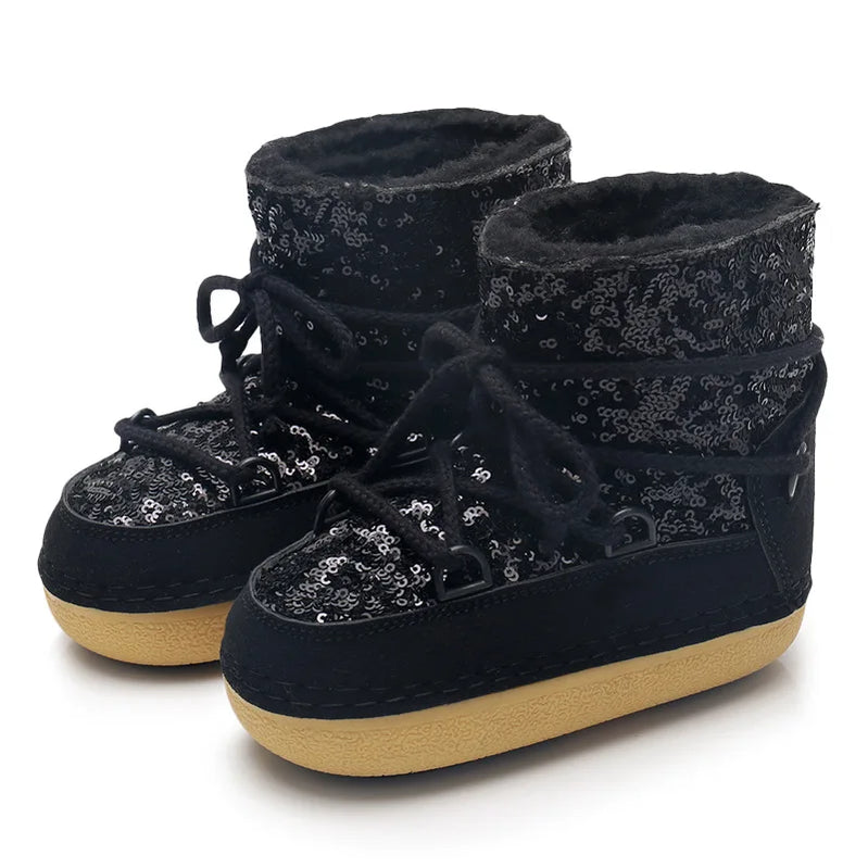 Winter Women Snow Boots Parent-Kid Waterproof Platform Non-slip Boots Children Boys Girls Lace-up Glitter Cotton Ski Boots black 2