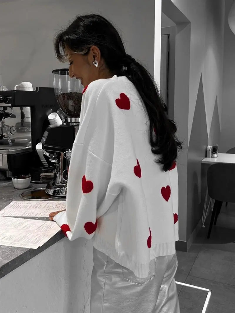 Women Embroidery Love Heart Knitted Sweaters Long Sleeve Vintage Y2K Casual Sweet O Neck Pullovers Winter Warm Sweater Tops