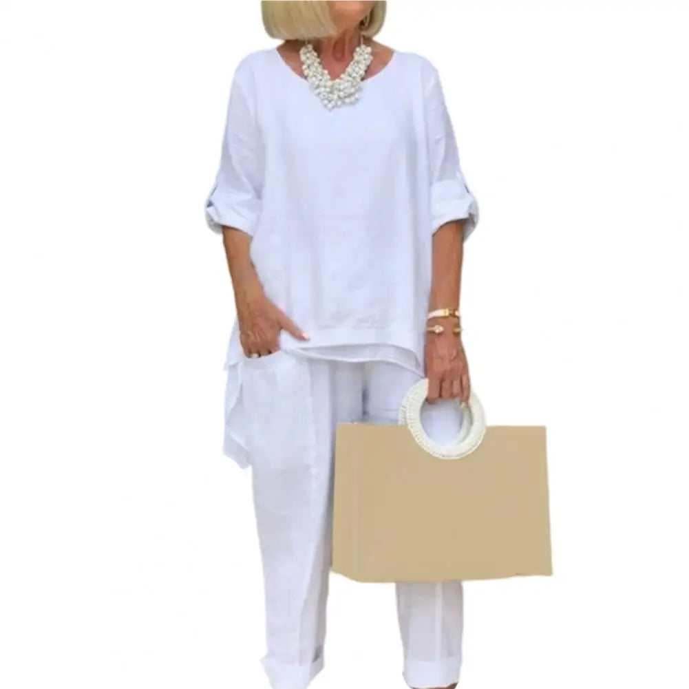 Women Casual Two Pieces Set Summer Fashion Half Sleeve O-Neck Loose Suit Female Vintage Pocket Top Long Pants Solid Outfit WHITE