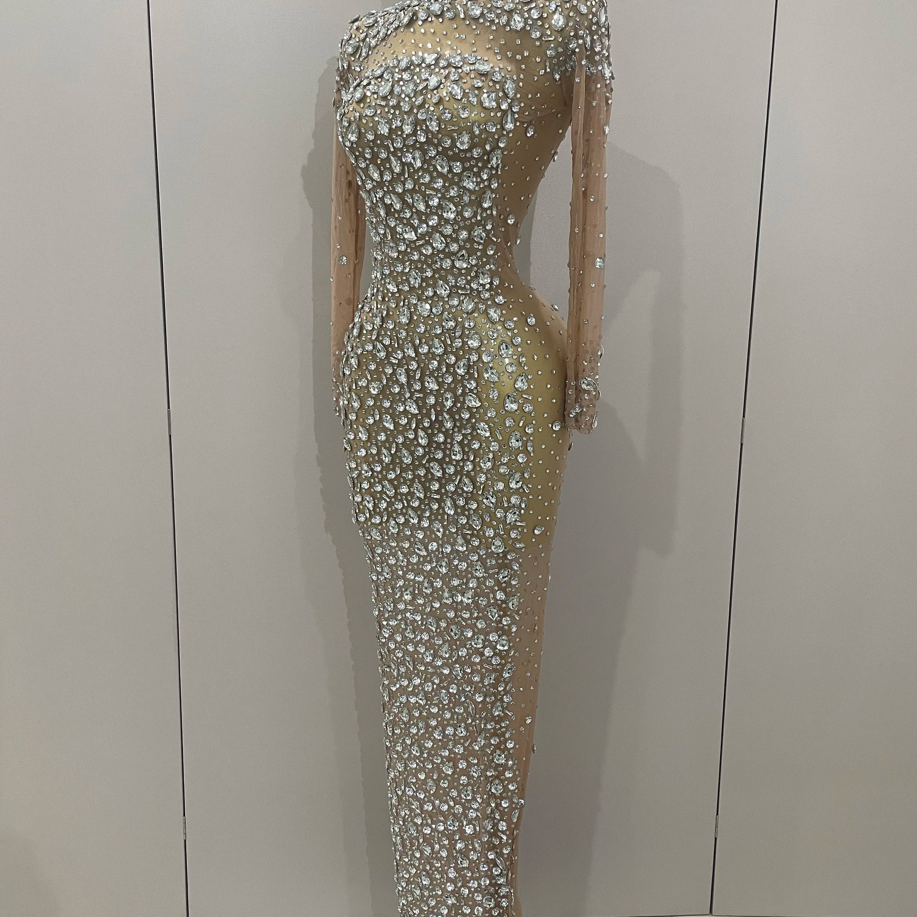 Sparkly Silver Big Rhinestone Sexy Transparent Long Dress 2025 Women Evening Birthday Party Celebrate Club Dancer Stage Costume