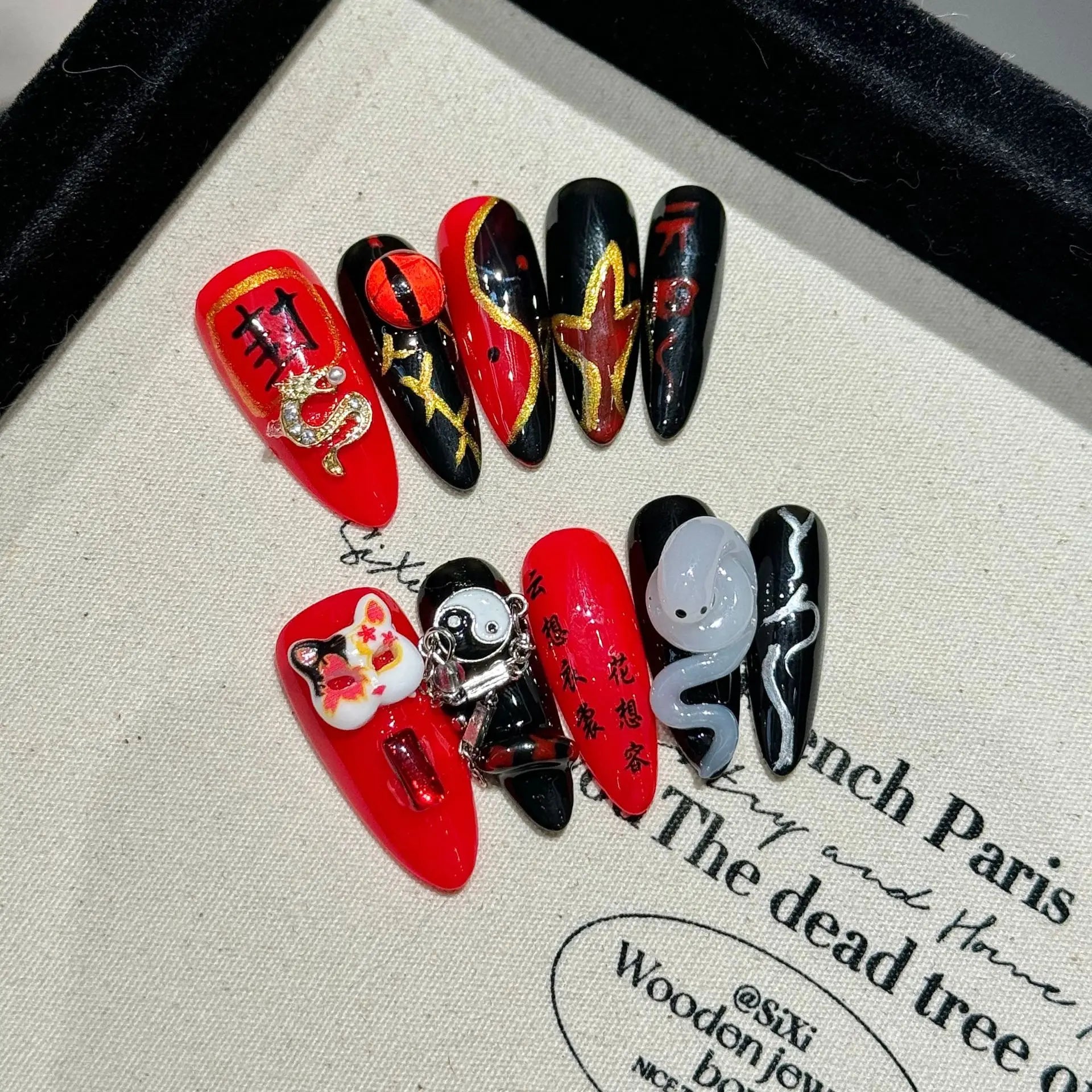10 peças de pontas de unhas postiças Y2K longas, degradê, metal preto, coração, cruz, decoração, unhas de pressão, manicure DIY, legal e doce