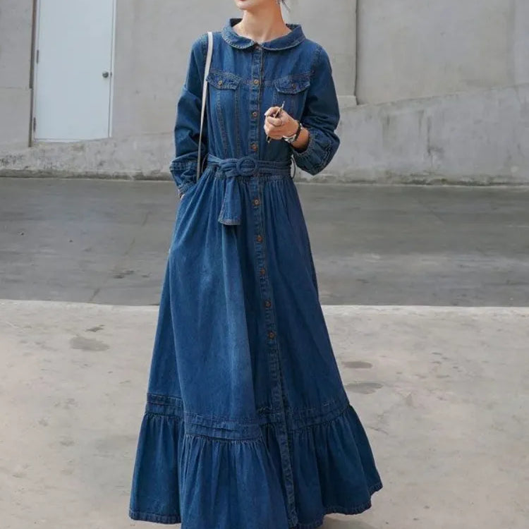 Dresses for Women Autumn Winter Fashion Versatile Women's Clothing French Retro Denim Robe Solid Large Skirt Hem Long Dress