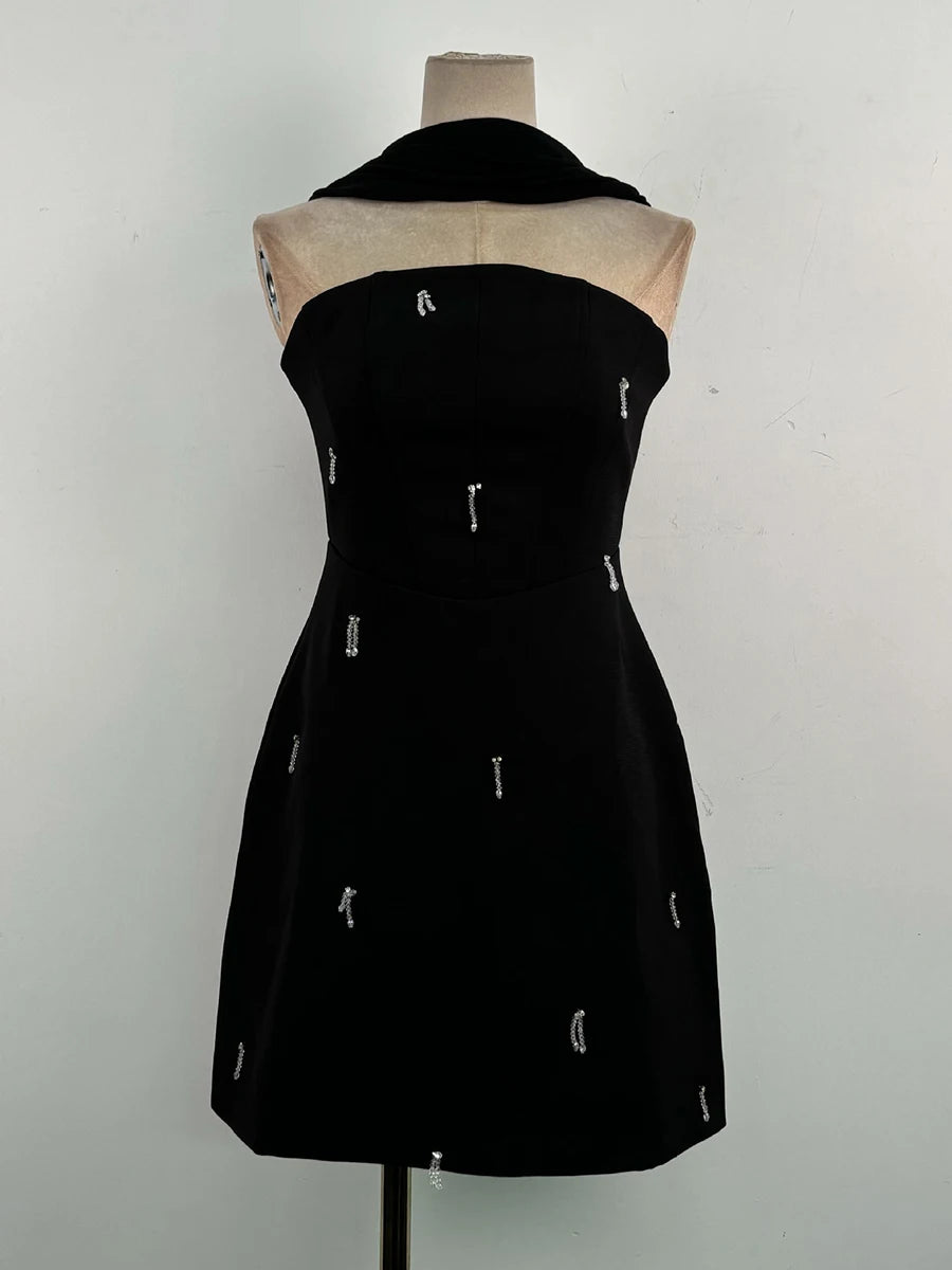 TWOTWINSTYLE Solid Slimming Spliced Bead Elegant Dresses for Women Strapless Sleeveless Temperament Mini Dress Female Fashion