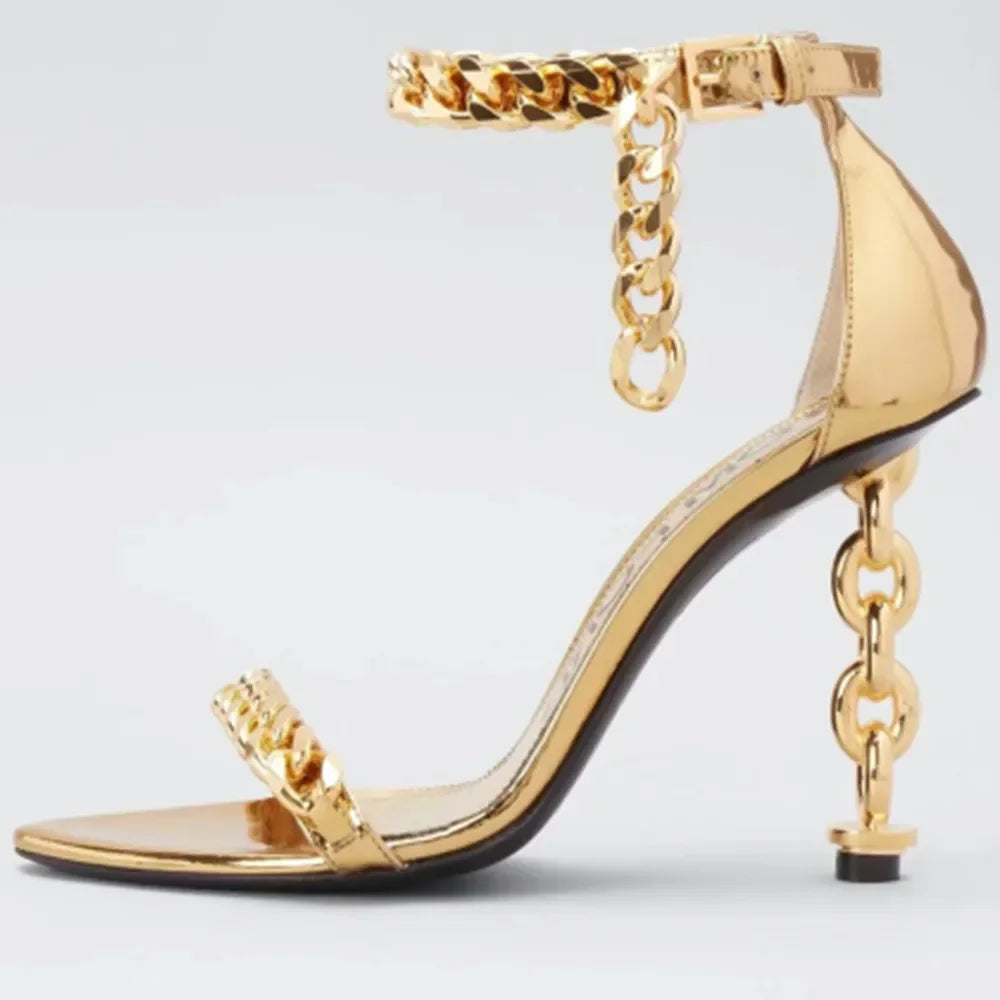 European and American Summer New Metal Chain High Heel Sandals Fashion Show One Line Sexy Open Teeth Women's Sandals