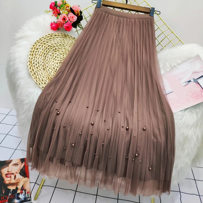 Both Sides Wear Pearls Mesh Skirt Women Summer Velvet High Waist Long Skirts Woman Solid Color A Line Pleated Skirts Coffee One Size