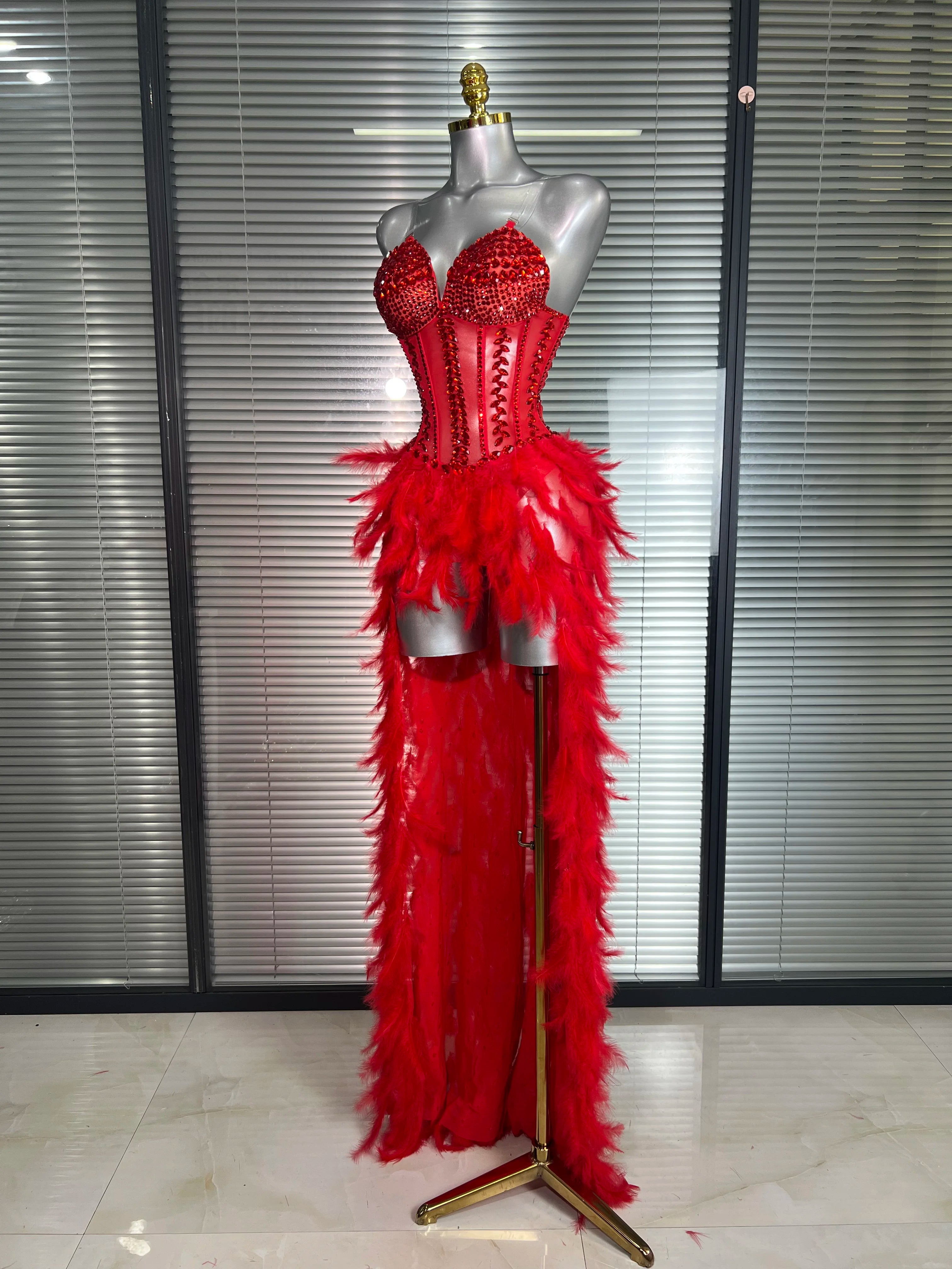 Women Sexy Mesh Feathers Stage Costume Stage Red Stretchy Night Club Bodysuit Party Maxi Dress