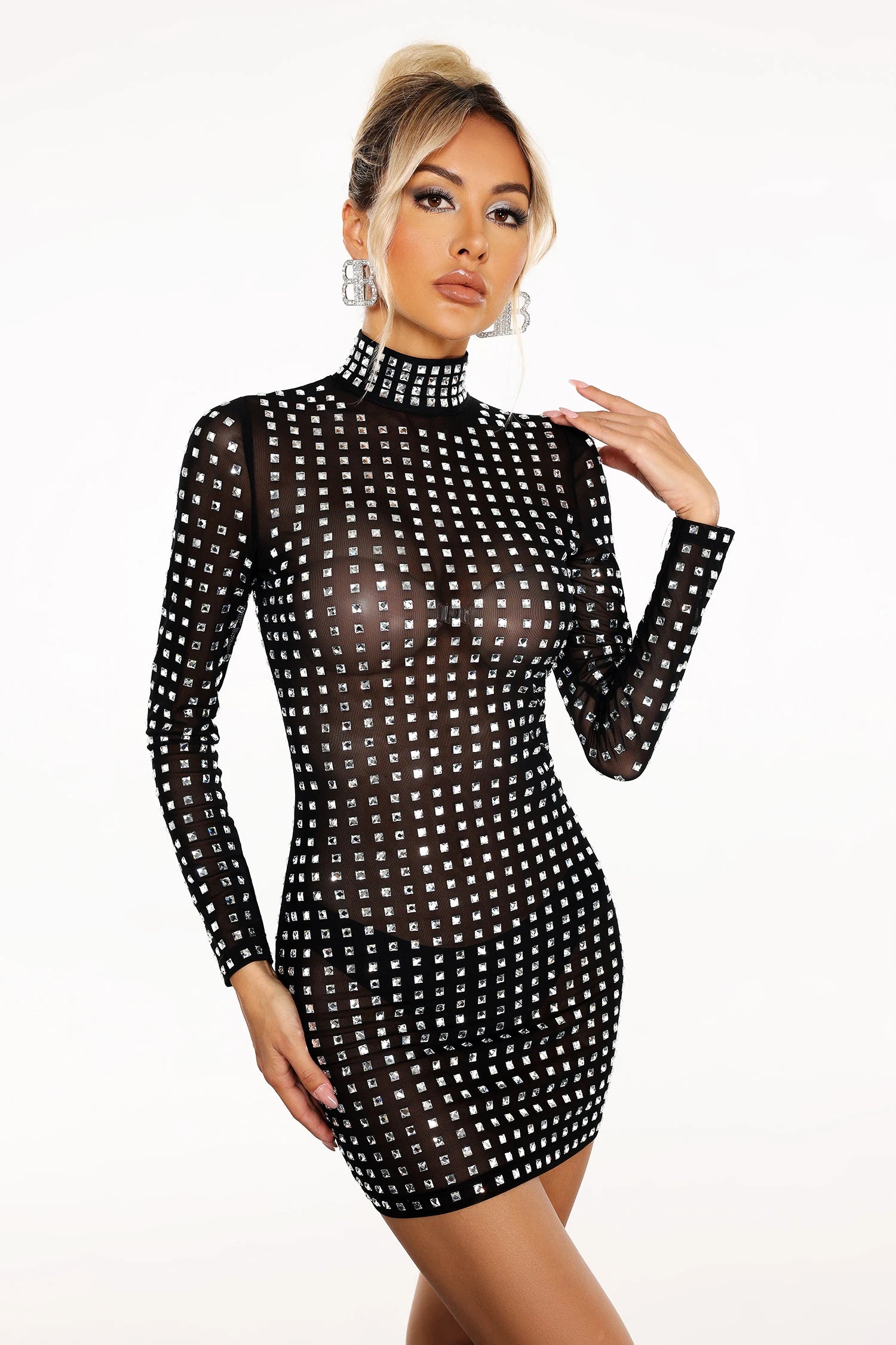 New Arrival Women Long Sleeve Sexy Mesh Bodycon Mini Dress Shinning Sequins Fashion Nightclub Party Celebrate Birthday Dress