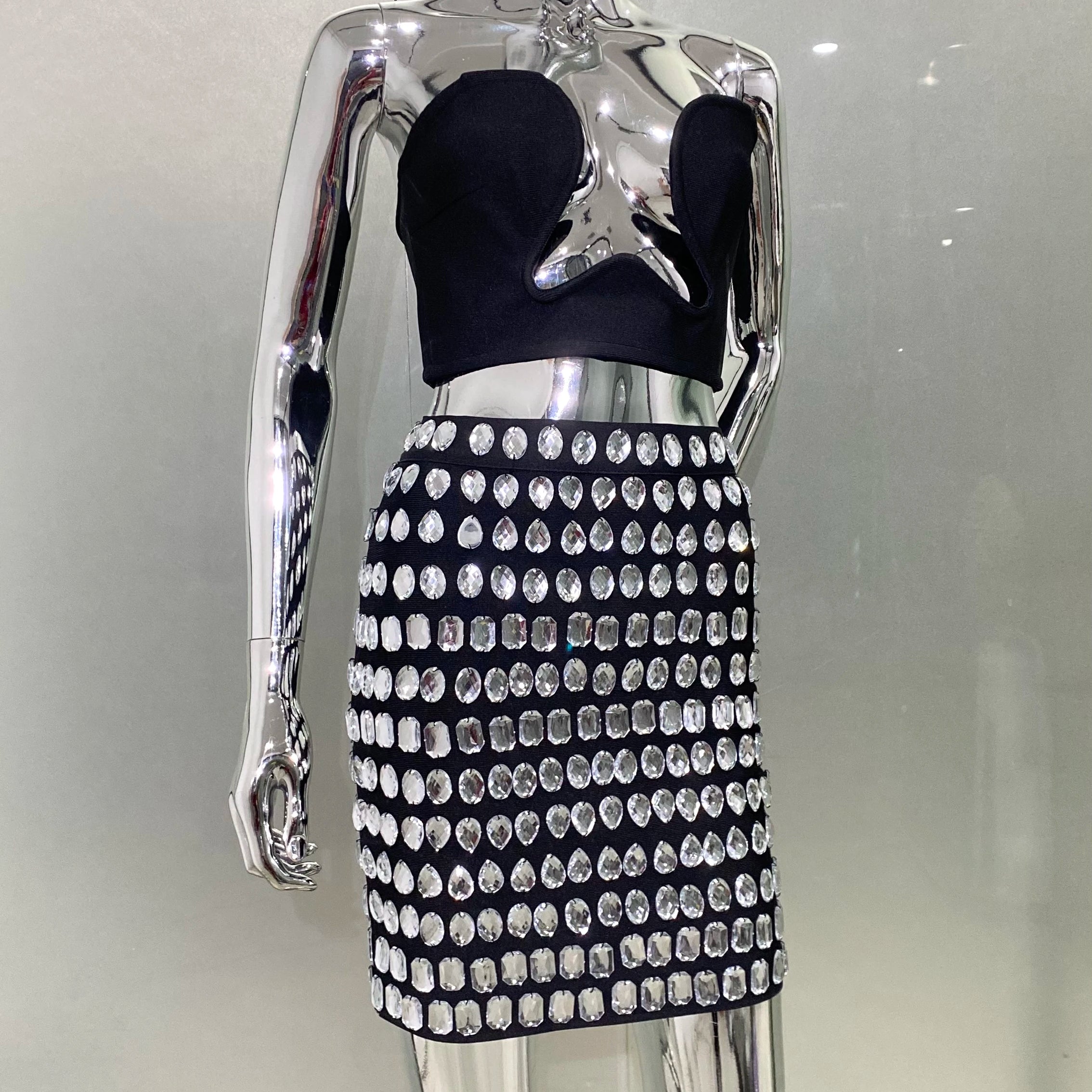 High Quality Sexy Deep V-Neck Strapless Top And Sparkling Diamonds Mini Skirt 2 Pieces Woman Set Birthday Party Vestido