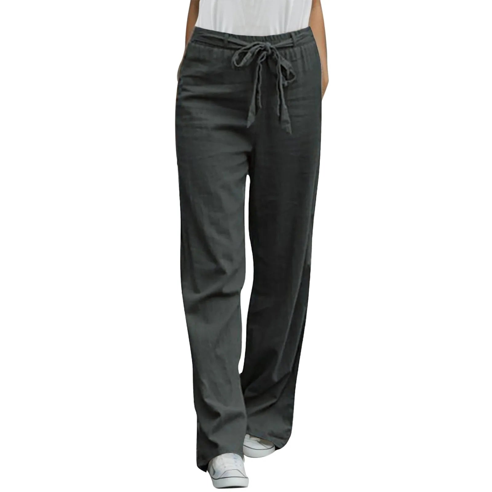 Casual Straight Pants Solid Drawstring Waist Sashes Trousers Loose Oversize Fashion Pants Women Long Pant Woman Clothing Grey