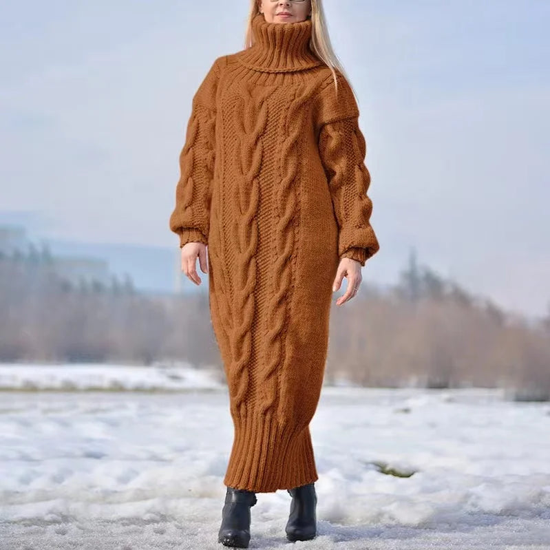 Autumn Winter Solid Color Turtleneck Pullover Women Twisted Loose Knitted Sweater Long Dress Sweater For Female Oversize camel LYQ273