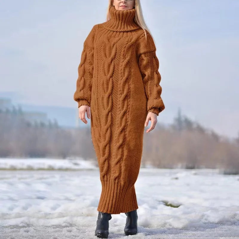 Autumn Winter Solid Color Turtleneck Pullover Women Twisted Loose Knitted Sweater Long Dress Sweater For Female Oversize camel LYQ273