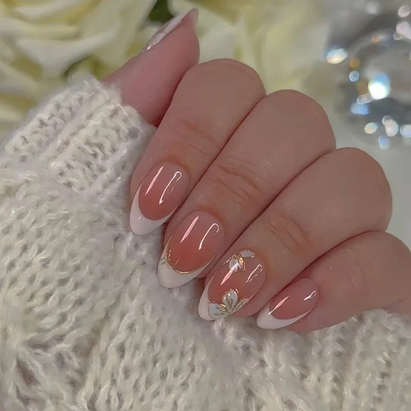 24Pcs Fashion Almond Head Full Cover Nail Tips Nude Pink Oval Press on Fake Nails Short False Nails with Red Love Pattern Design