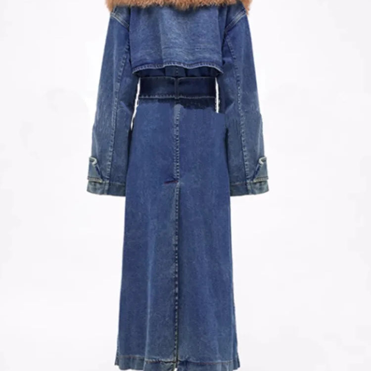 DEAT Fahsion Women Denim Overcoat Fur Collar Belt Patchwork Pockets Loose Split Thick Warm Windbreaker Winter New LM1040