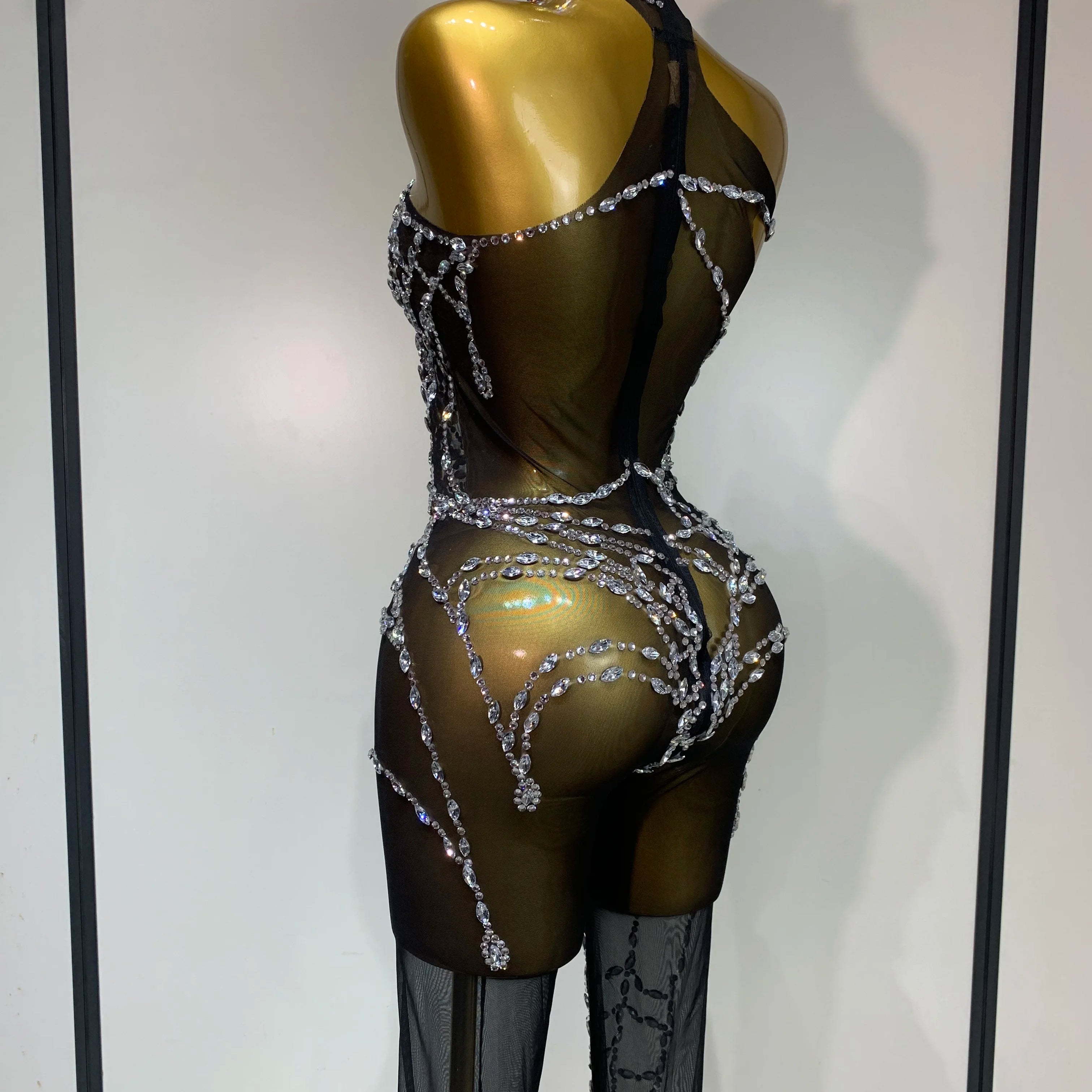 STOCK Sparkly Diamond Women Sexy Mesh Jumpsuit Nightclub Bar Party Show Gogo Dancer Clothing Drag Queen Outfit Stage Costume