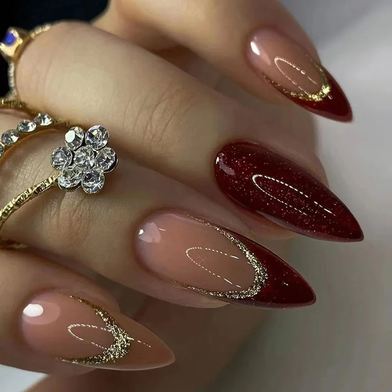 24Pcs Mid-length Stiletto Nails Art with Glue Wearable Almond Press on False Nails Black Cat's Eye Design Manicure Fake Nail