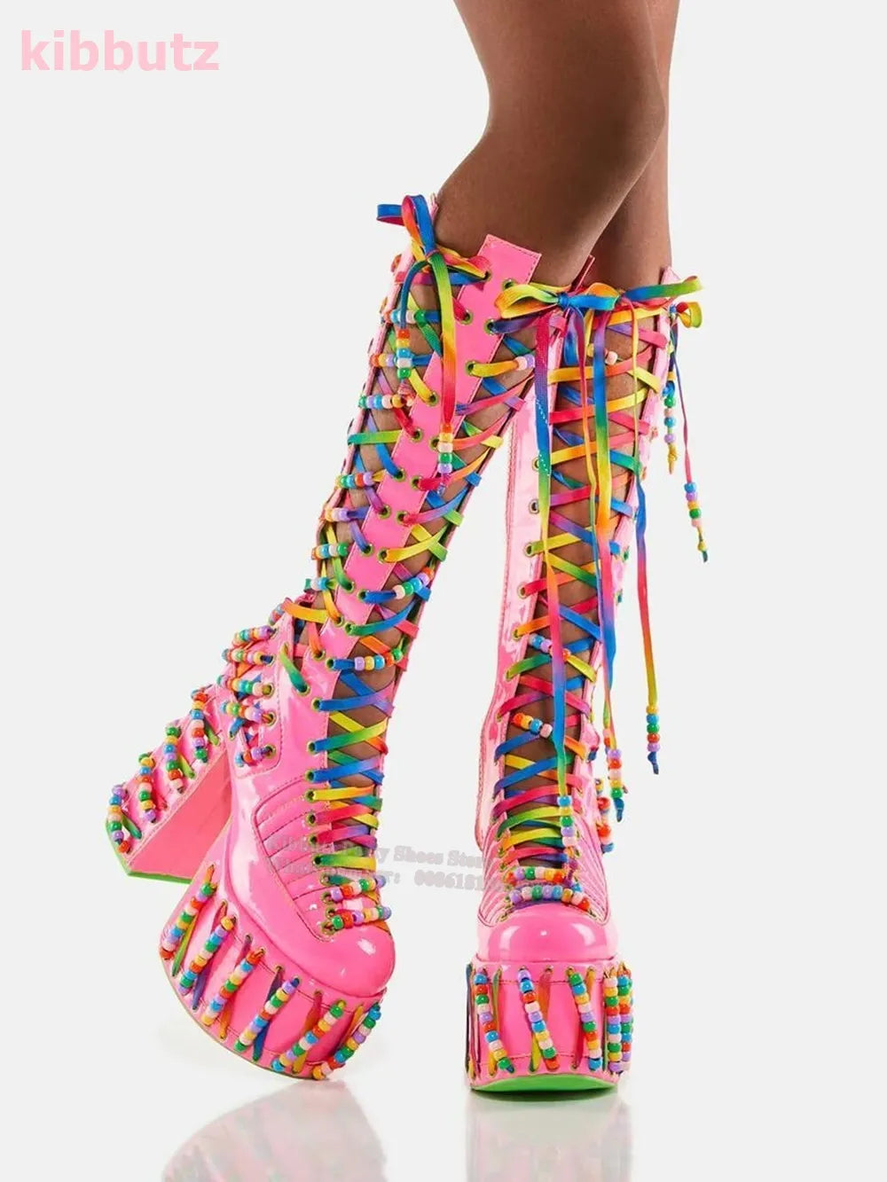 Round Toe Square Heel Platform Knee-High Boots Mixed Color Cross-Tied Patent Leather Side Zipper Super High Sexy Shoes Hot Girls