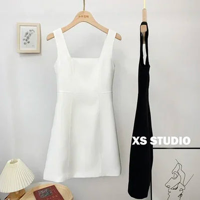 French New Female Sexy Bow Above Knee Suspender Dress Women's Summer Fashion Elegant Sleeveless A- Line High Waist Dress without bow white
