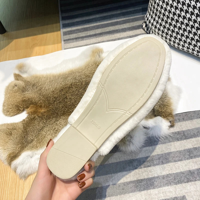 women's plush flat slippers Winter Home and Outdoor Shoes pearl decoration design Casual and office mules Large size 41-44