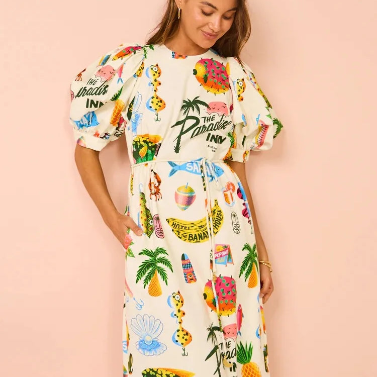 Women Hawaii Holiday Print Long Dress Short Sleeve Sashes Empire Waist Loose Vintage Retro Ladies Summer Beach Drsses NEW