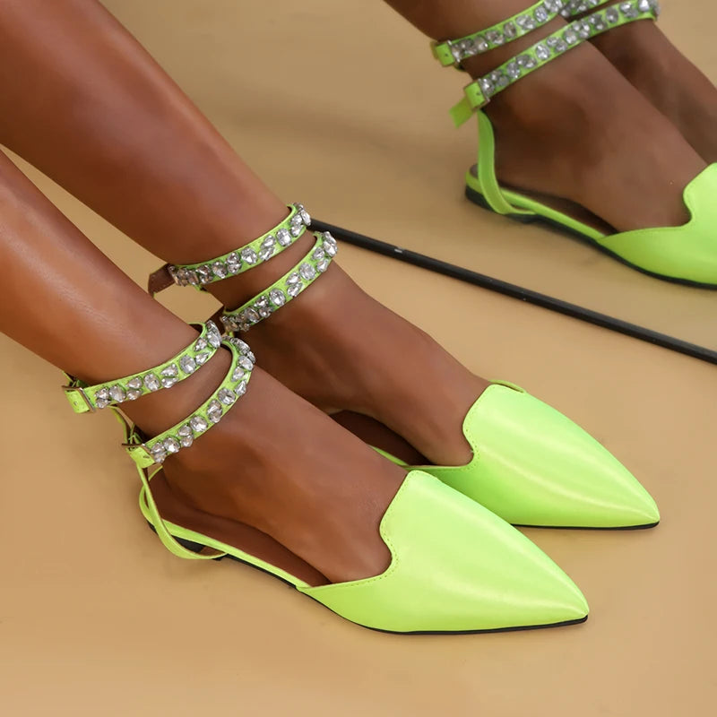 Funky Rhinestone Flat Sandals Women Summer Pointed Toe Strappy Sandals Woman Plus Size 42 Ankle Straps Party Shoes Flats green