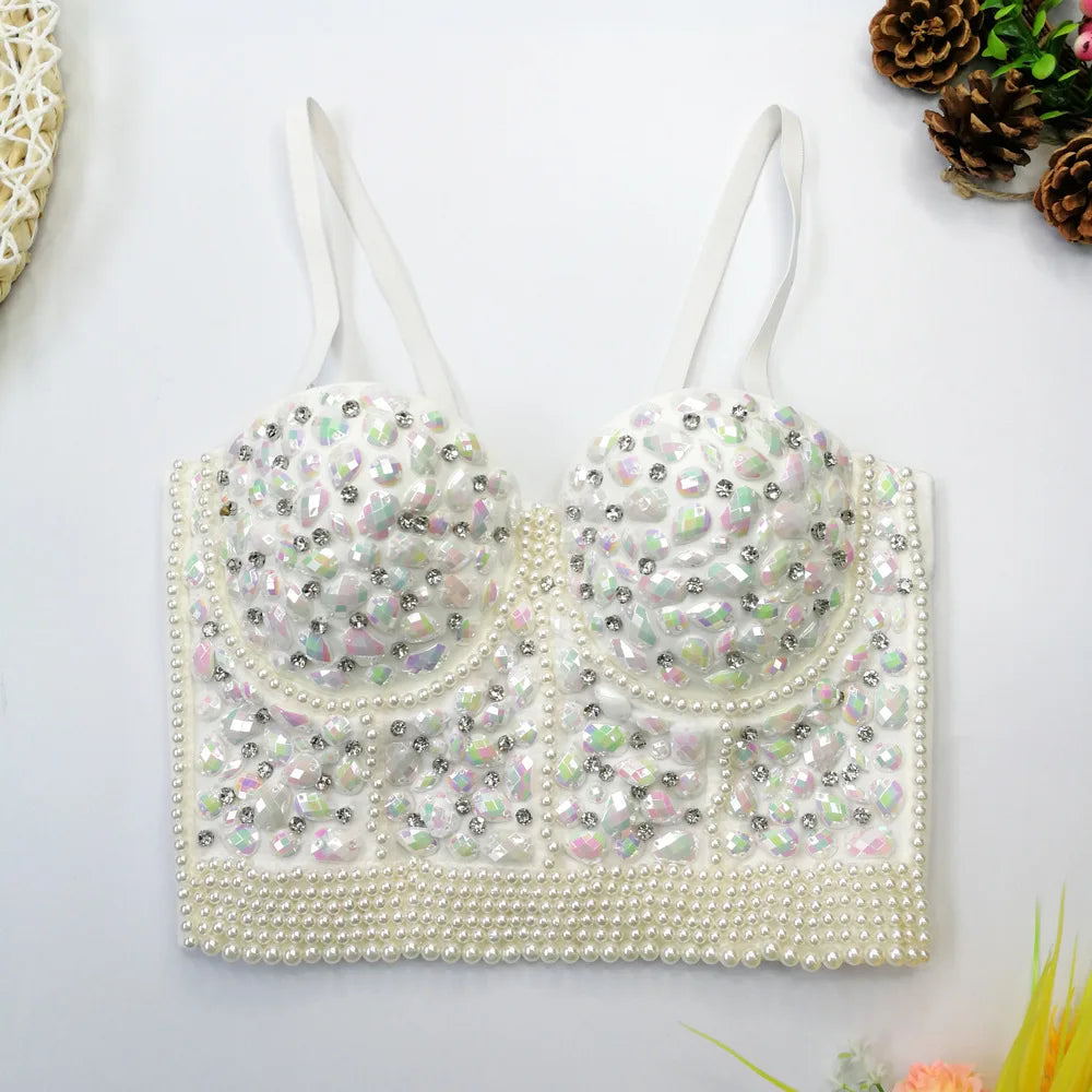 Fashion Sexy Women's Bustier Bra Hand-made Pearls Jewel Diamond Beading Crop Tops Female Cropped Sling Vest Top Bling Bra style 2 as pic 2